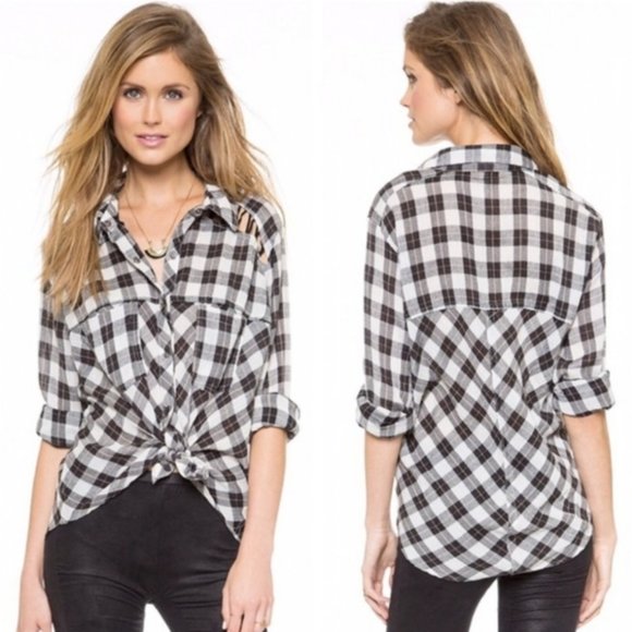 FREE PEOPLE Gauzy Plaid Lace Up Shoulder Snap Top EUC sz S - Picture 8 of 8